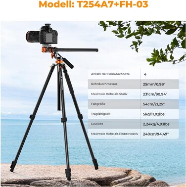 Штатив для камери K&F Concept T254A7+BH-28L, 231 см, професійний, з рідинною головкою