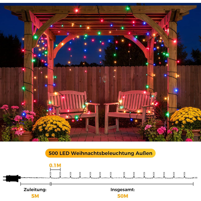 LED гірлянда для прикраси ялинки на вулиці та в приміщенні, 5 метрів, 150 LED, тепле біле світло, таймер, пульт, 8 режимів, для балкона, саду, вечірки