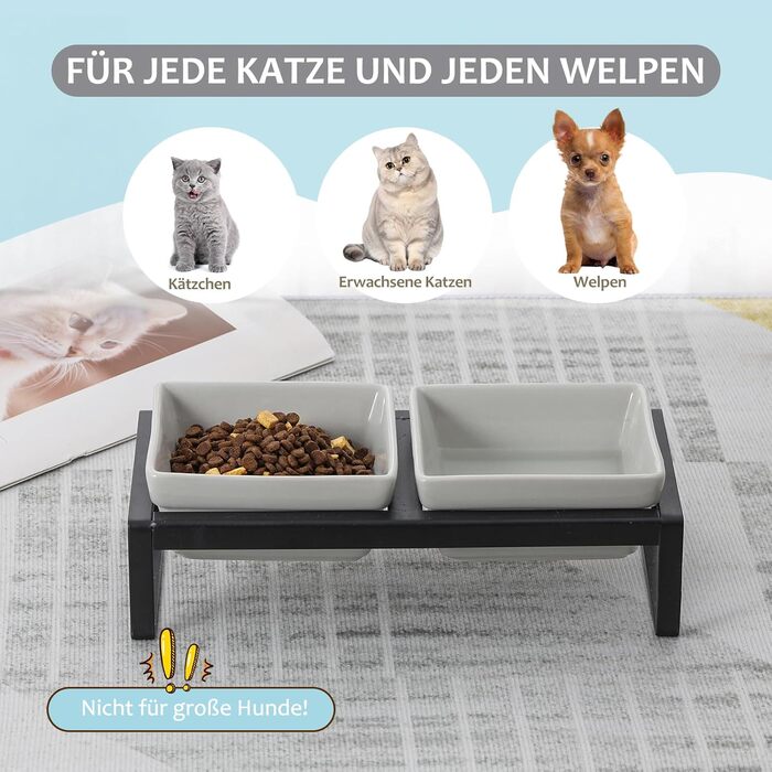 Сіра миска для кота з піднятим краєм - подвійна керамічна миска проти блювоти, легко миється, 2 x 480 мл, сірий колір