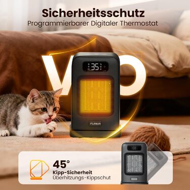 Електричний обігрівач 1500W з PTC керамічним нагрівачем, тихий, з термостатом та пультом дистанційного керування, ECO режим, 70° осциляція, 12h таймер, захист від перегріву та перекидання, чорний, 26 см