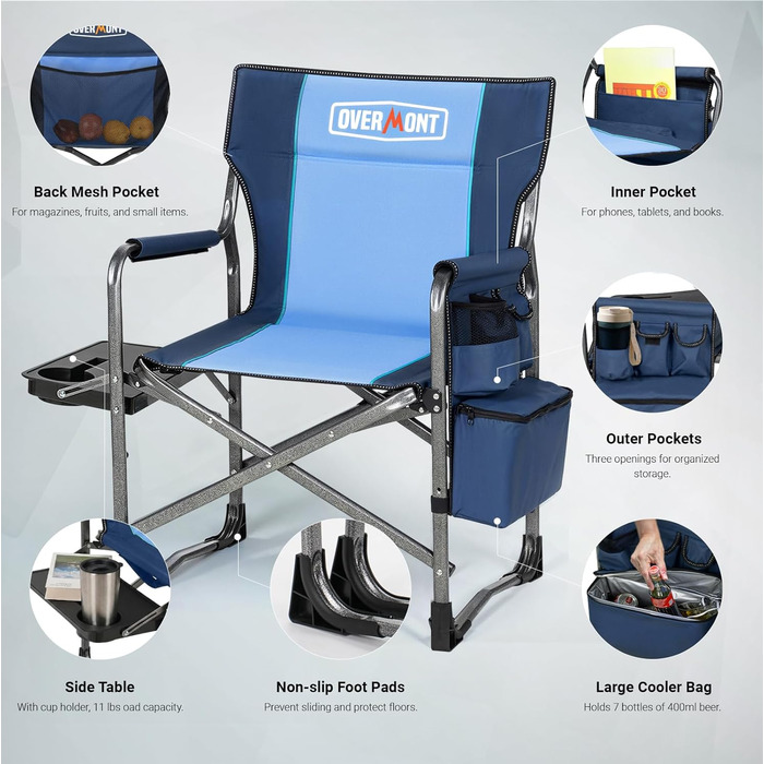 Кемпінговий стілець OVERMONT складний з бічним столиком та охолоджувальною сумкою, до 180 кг, синій