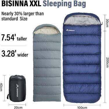 Сплячий мішок BISINNA XXL (230 x 100 см) для великих людей, 3-4 сезони, водонепроникний, теплий, зручний, для кемпінгу, подорожей, хати та на вулиці (Морська хвиля, 2.5 кг, ліва блискавка)