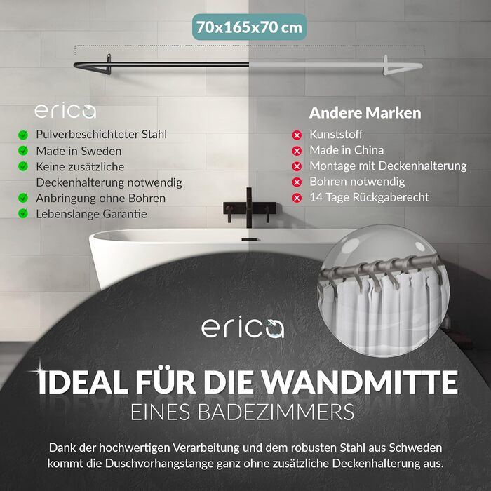 Штанга для душу Еріка L-подібної та U-подібної форми - 4-в-1 для ванни та душу - сталева з порошковим покриттям (чорна)