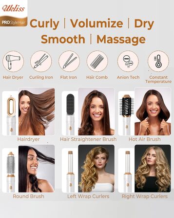 UKLISS Стайлер для волосся 6-в-1 Air Styler Set - Професійний стайлер з насадками: фен-щітка, керлер, щітка з гарячим повітрям, фен-щітка, фен, випрямляч | для створення локонів, об'єму, випрямлення та сушіння (Перламутрово-білий)