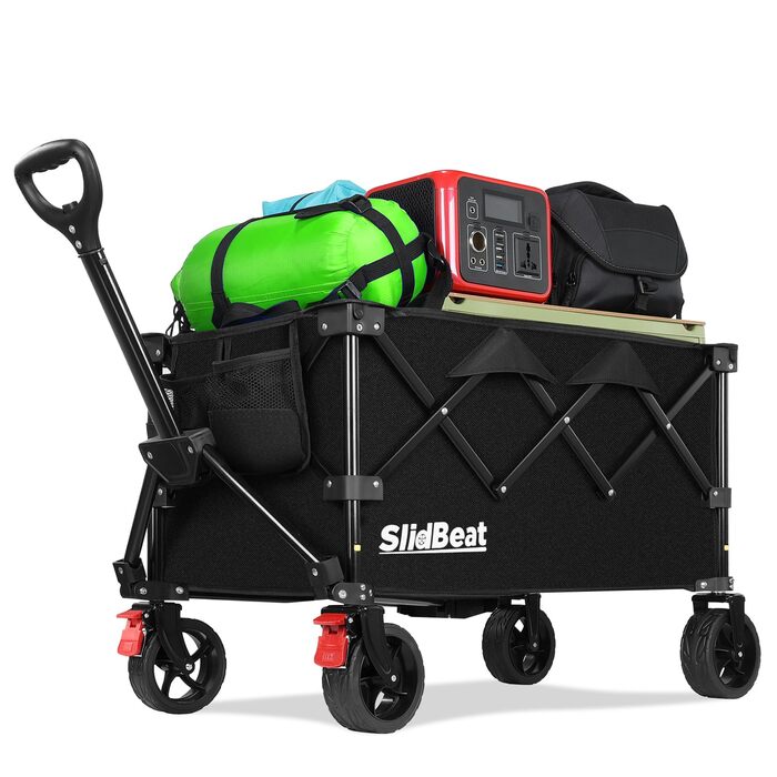 Візок складний SLIDBEAT Bollerwagen 150л, 150кг, чорний XL: для кемпінгу, покупок, саду, пляжу. Гальма, регульована ручка, тримач для напоїв.