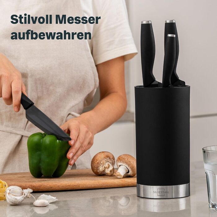 SILBERTHAL Universal Knife Block without Knives - Removable Brush Insert - Holds up to 10 Knives - Round - Black - Recycled Plastic with Stainless Steel Ring