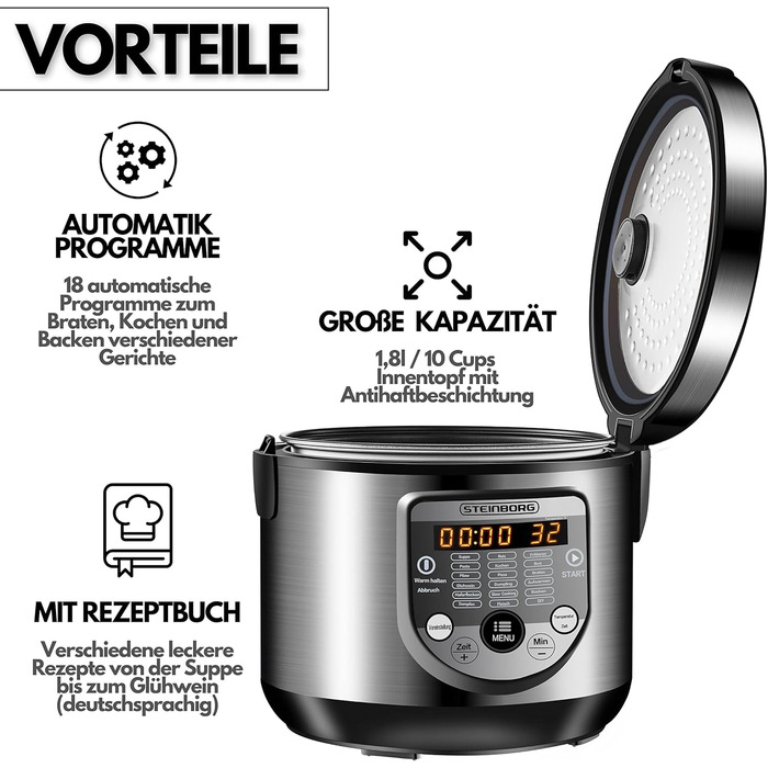18-in-1 Multi Cooker Slow Cooker | 900 Watts | 5 Liters | Rice Cooker | Steamer | Food Warmer | Sauté Pan | Yogurt Maker | Multi Cooker | Pressure Cooker | Hot Cooker | Cooker