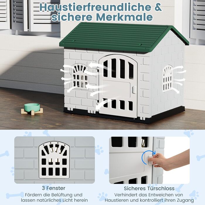 Будка для собак GOPLUS Outdoor, вологостійка з замком, 3 вікна, похиле дах, клітка для собак Indoor, будиночок для тварин вдома для собак та котів (зелена)