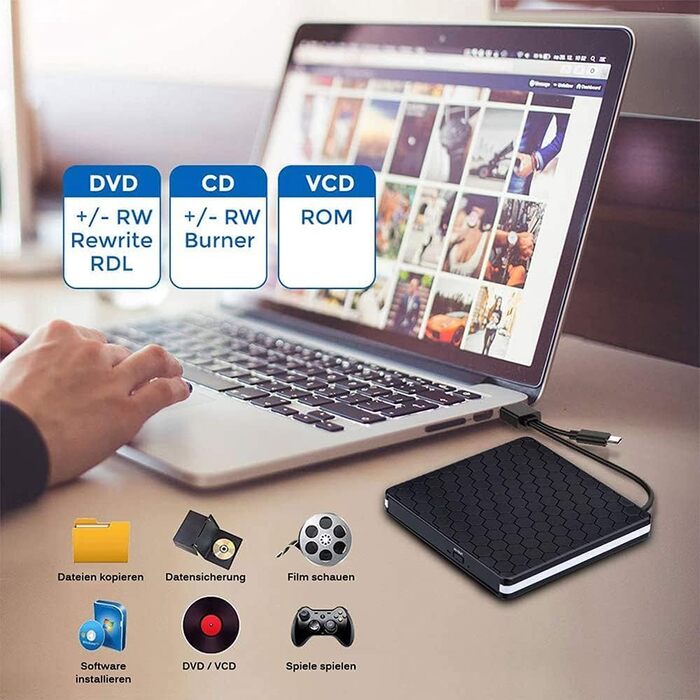 Зовнішній DVD-накопичувач Amicool USB 3.0 та Type-C, портативний CD/DVD +/-RW привід для ноутбука, ПК та MacBook (Windows, macOS, Linux)