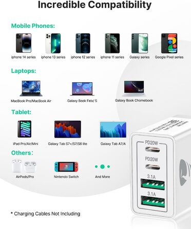 Подвійний зарядний пристрій USB-C Aioneus 40W з 4 портами PD+QC, багатопортовий адаптер живлення для iPhone 15, Samsung та інших смартфонів