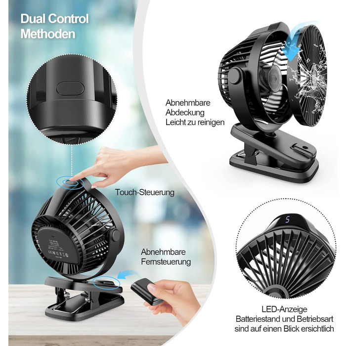 8000mAh Mini USB Clip Ventilator Battery, 13cm Small Table Fan with Remote Control, 5-Speed, LED Display, 360° Rotation, Rechargeable Battery Portable Table Fan for Home, Office, Camping, Stroller