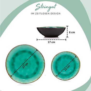 SÄNGER | Teller Set Palm Beach 12-Piece Set, Dinnerware Set for 4 People, Dinnerware Stoneware, Dinner Set including Dinner Plates, Dessert Plates & Deep Plates Green Black with Brown Gradient | PREMIUM COLLECTION Tableware Service 12 Pieces