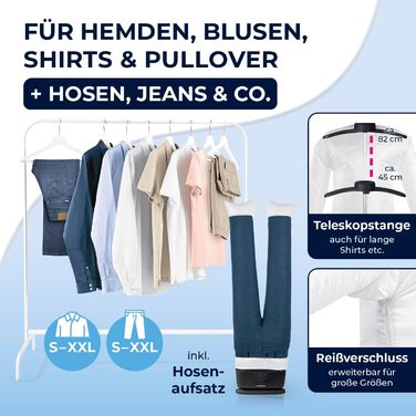 CLEANmaxx автоматичний випрямляч сорочок PRO з насадкою для штанів | Замінює праску, відпарювач, steamer | Пристрій для прасування з манекеном для сорочок, блузок та штанів | Інноваційний та ефективний Pro з насадкою для штанів, чорний