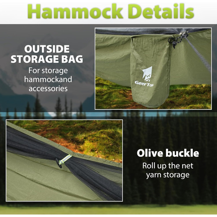 Гамак GEERTOP з москітною сіткою, 300 кг вантажопідйомність, для кемпінгу, походів, виживання, подорожей, саду