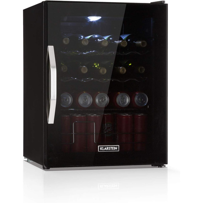 Klarstein Mini Fridge with Glass Door - 60 Liter Beverage Cooler with Adjustable Shelves & Wave Design Racks - Quiet Operation - Black