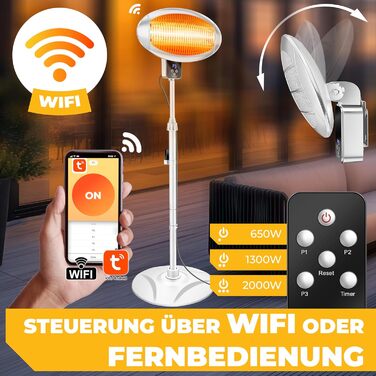Інфрачервовий обігрівач KESSER® 2000W з Wi-Fi та пультом дистанційного керування, 360° обертання, регулювання висоти, настінний/підлоговий монтаж, захист від перекидання, IPX4, для тераси, балкону та саду