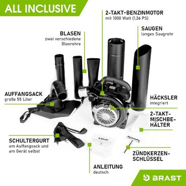 BRAST® Leaf Blower/Vacuum - Gas Powered 1.0kW (1.36HP) | 55L Collection Bag | Includes 2 Blow Pipes, Shoulder Strap & Anti-Vibration Handle | 4-in-1 Function | Blowing Speed 73 m/s