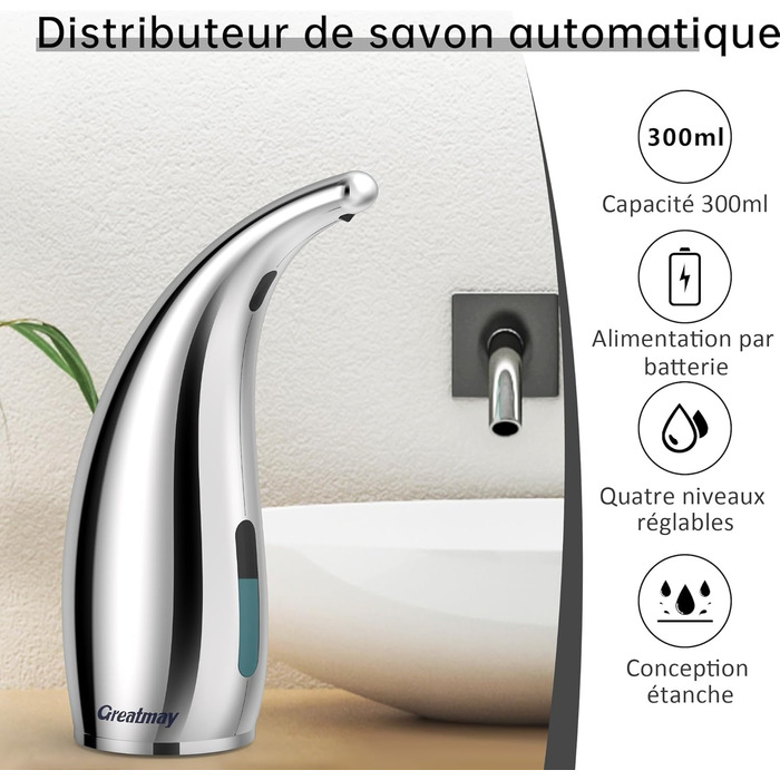 Greatmay Automatic Soap Dispenser - Touchless, Battery Operated, 300ml, IPX6 Waterproof - for Bathroom, Kitchen