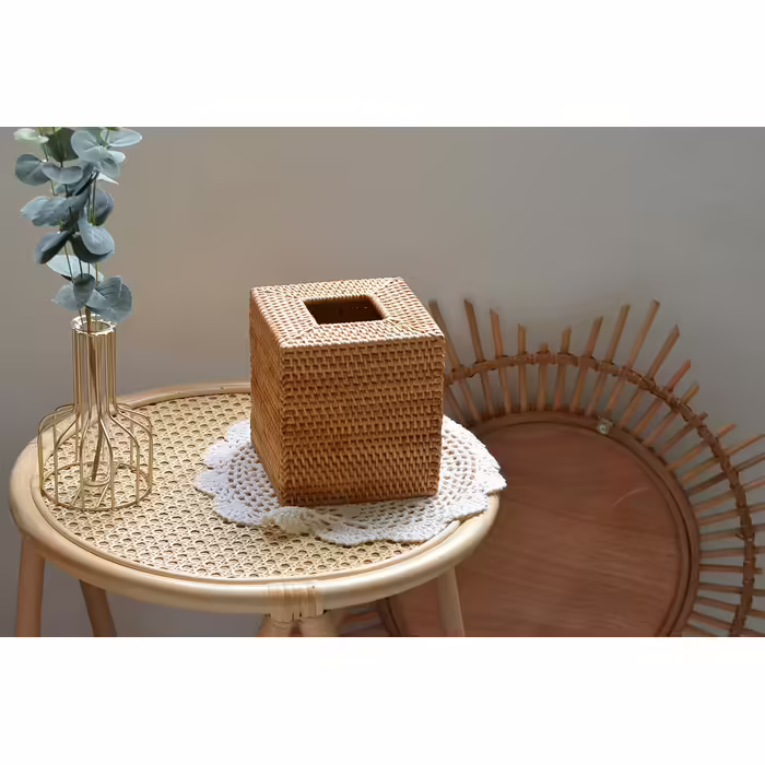 DOKOT Rattan Cosmetic Tissue Box - Tissue Box Natural for Home/Office/Car - Square (Natural, 14x14x15cm)