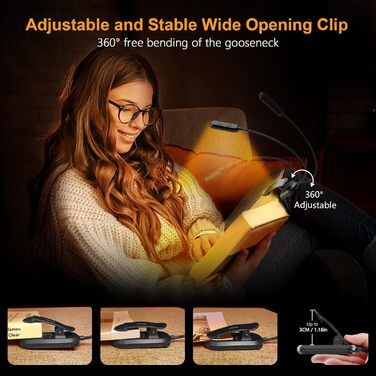 LED лампа для читання Gritin з кліпсою, USB-зарядка, 11 світлодіодів, 3 рівні яскравості, 3 режими температури кольору, гнучка на 360°, чорна