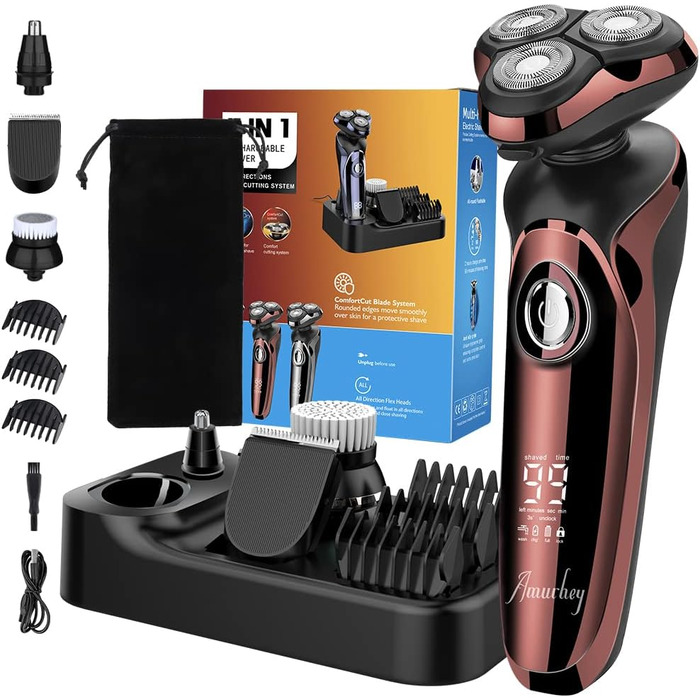 Електричний гострою для чоловіків Amurhey 5-в-1 з тримером, 3 насадки, 99 хв роботи, для сухого та вологого гоління, станція зарядки, подарунок для чоловіків