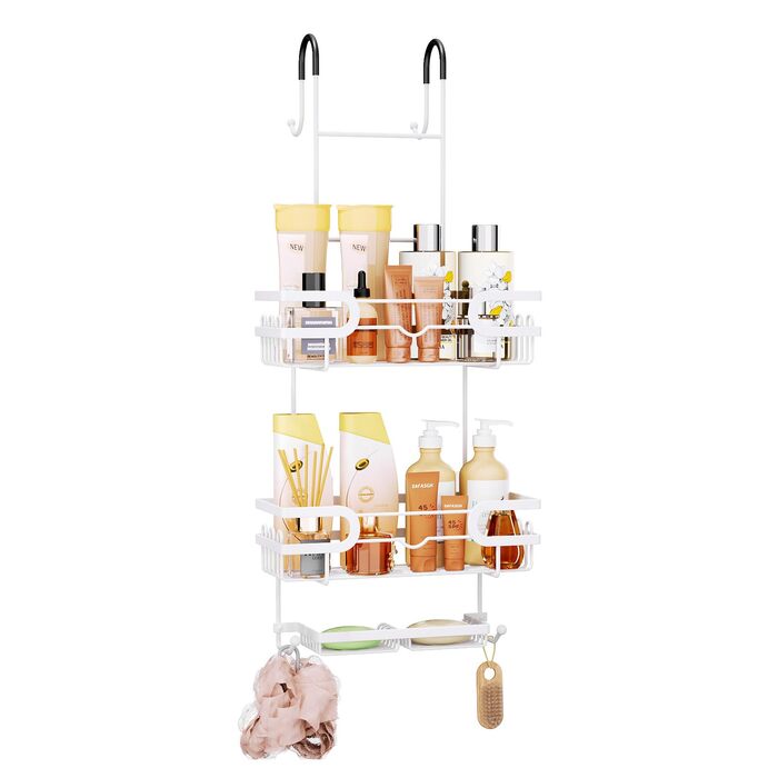 Настінна поличка для душу SWTYMIKI з 2 кошиками та 2 мильницями, з нержавіючої сталі, 14 гачків, білий колір