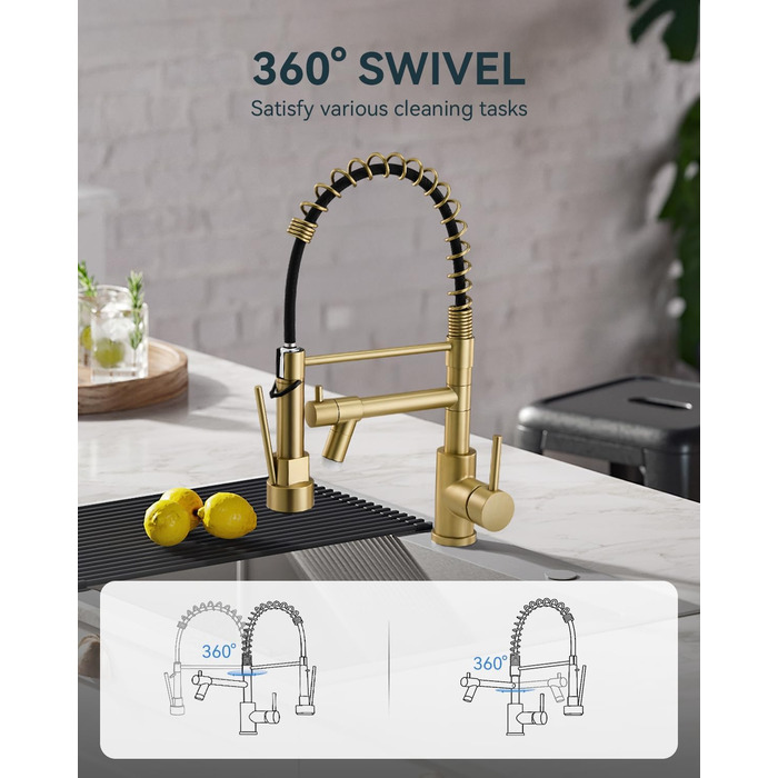 Кран кухонний LED Warmiehomy професійний, 360° поворотний, з двома виливами, високий вигин, спіральна пружина, для мийки, з нержавіючої сталі (золотий)
