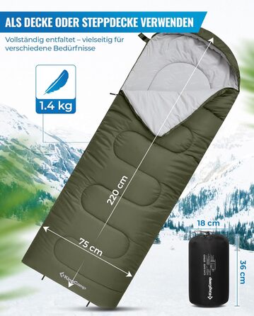 Сплячий мішок KingCamp Oasis для кемпінгу, 3-4 сезони, водовідштовхувальний, легкий, для дітей та дорослих, з можливістю з'єднання, для подорожей та активного відпочинку, оливковий, Zip 220×75 см