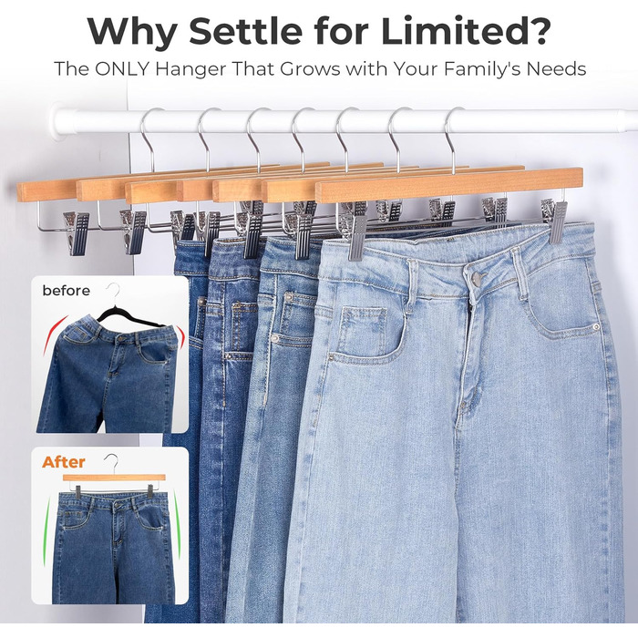 Дерев'яні вішалки для штанів та одягу HOUSE DAY з кліпсами, 25 шт. Вішалки для спідниць, дерев'яні білі вішалки для одягу, компактні вішалки для штанів з обертовим гачком 360°, ширина 35,5 см (натуральне дерево)