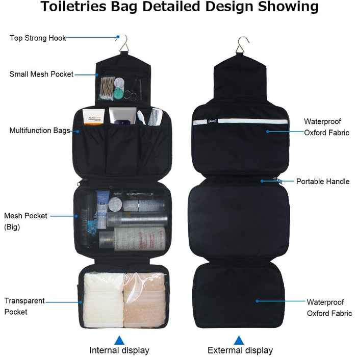 Чоловіча/Жіноча сумка-органайзер для косметики Jieei, водонепроникна, з 4 відділеннями, складна, компактна (L-чорний, L)