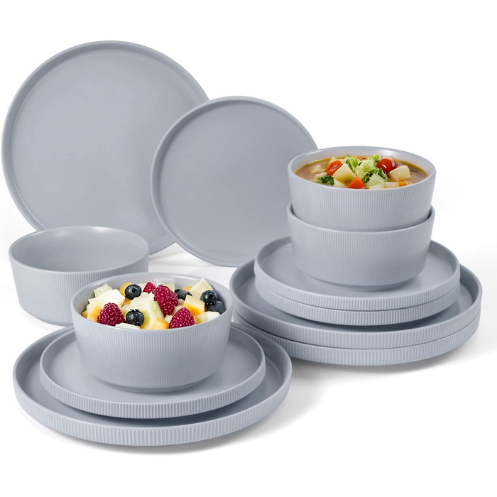 Набір посуду Jiwoo для 4 осіб (12 предметів): тарілки, десертні тарілки, супові миски. Bone China, матовий сірий колір, для мікрохвильовки та посудомийної машини