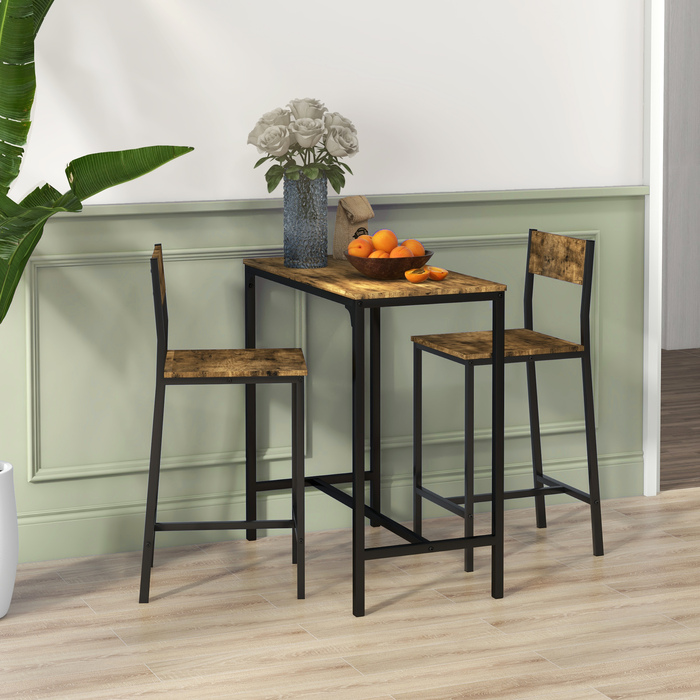 HOMCOM 3-Piece Bar Set with Standing Table and 2 Stools - MDF, Metal Frame, Weatherproof, Brown