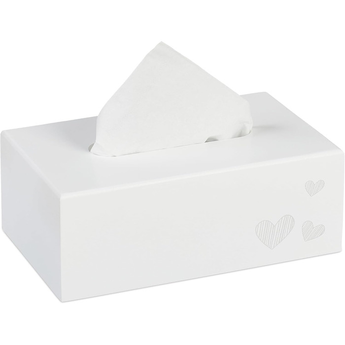 Relaxdays Tissue Box, Cosmetic Tissue Box, Square Tissue Box for Napkins, HxWxD: 9 x 25 x 15 cm, Heart Print, White