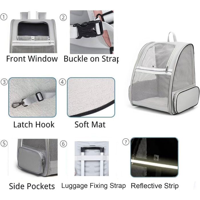 Рюкзак для кота/маленької собаки, переноска для тварин, дихаючий, складаний, з вікном та страхувальним ремінцем, сірий (до 8 кг кота, до 6 кг собаки)