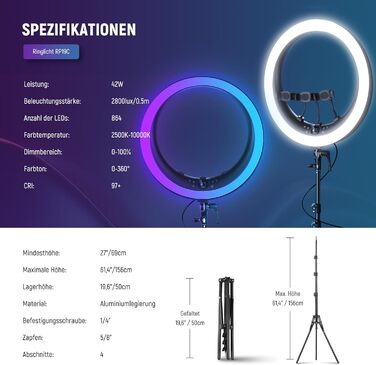 NEEWER Ringlicht RP19H 19 дюймів з триподом та 3 тримачами для телефону, RGB, 42W, CRI 97+, 2540 Lux, для стрімінгу, офісу, Zoom