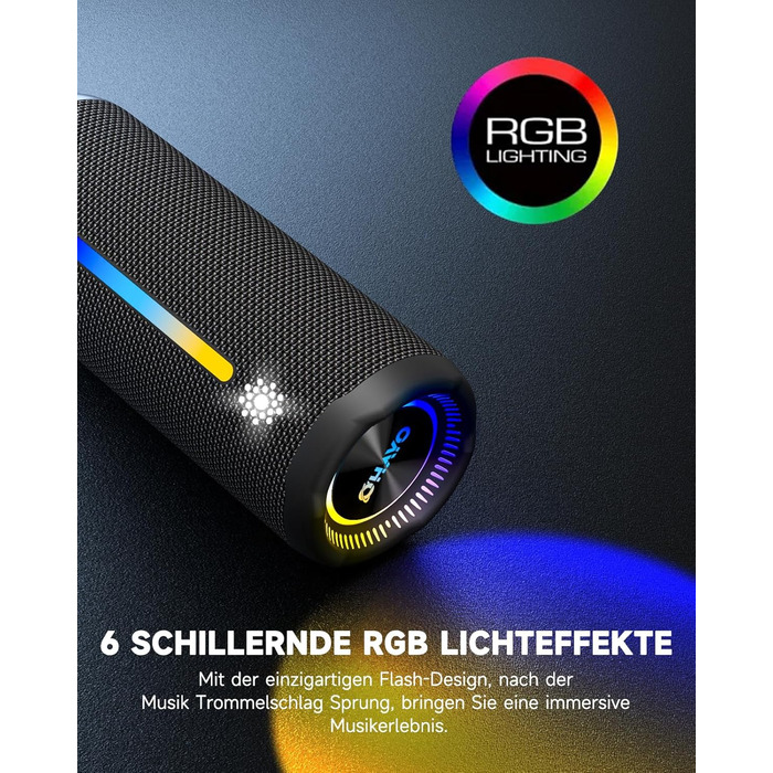 Bluetooth Портативна Колонка OHAYO з LED підсвіткою, 25W, IPX7, 24h, Bass Boost, 6 RGB режимів, для активного відпочинку, чорна