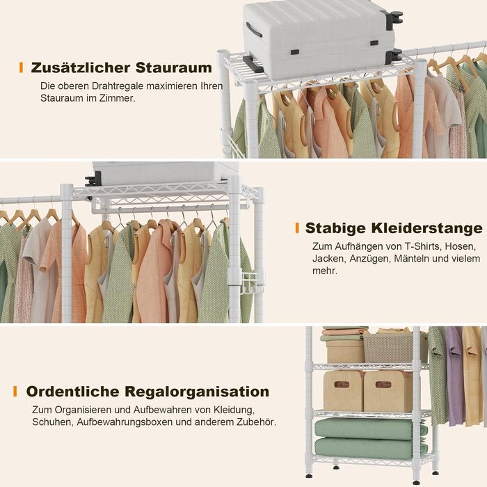 Тeleskopна штанга Himimi для одягу з 4 перекладинами та 6 регульованими полицями, 1 гачок, телескопічна система полиць B (175-230) x H180 см, адаптована для різних приміщень (білий)