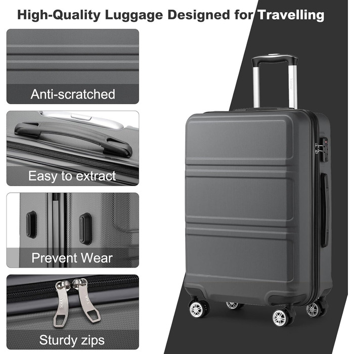 Валіза KONO 24 дюйми з TSA-замком, 4 колеса, ABS, 65×44×25.5 см, кремово-білий (сірий), 3-частинний набір