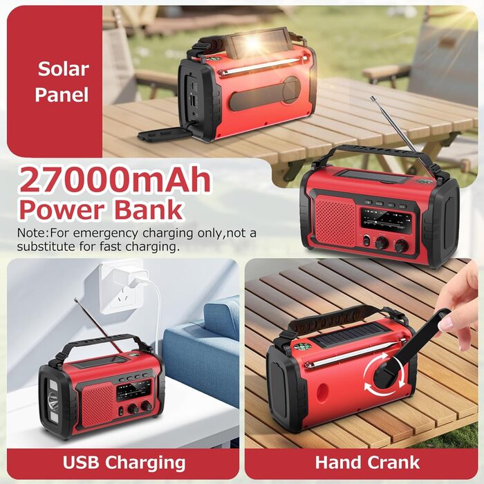 Радіо на сонячній батареї та ручному заводі Kurbelradio 27000mAh з SOS, Bluetooth, Powerbank та ліхтариком для кемпінгу та активного відпочинку (Червоний)