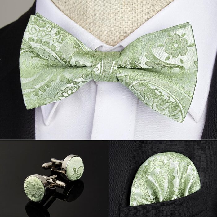 HISDERN Комплект краватки з візерунком пава, нагрудного хустинки та краваткових затискачів для чоловіків. Ідеально підходить для весілля, свят, Різдва, Хелловіну. Колір: салатовий.