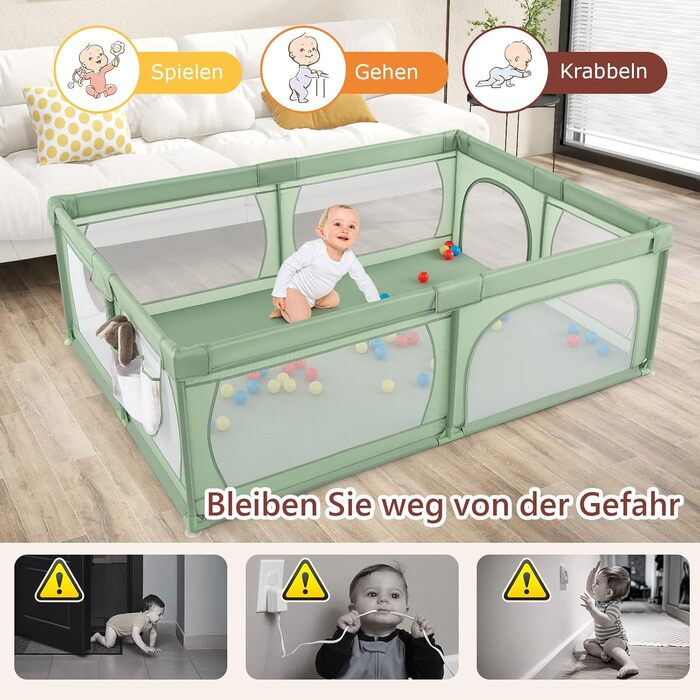 DREAMADE 200 x 140 cm Baby Playpen, Playard with 50 Balls & Carry Bag, Crawling Barrier for Indoor & Outdoor Use (Green, without mattress) Green without mattress