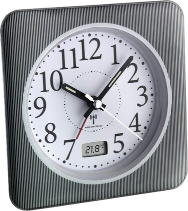 TFA Dostmann 60.1502.10 Analog Radio Alarm Clock with Digital Temperature Display, Plastic, Black and White, L 120 x W 51 x H 120 mm
