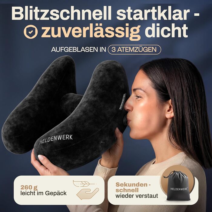 Подушка для шиї HELDENWERK® Air: 5 положень, швидке надування, регулювання тиску | Знімна капюшон | Для подорожей (автомобіль, літак) | Чорний, великий розмір