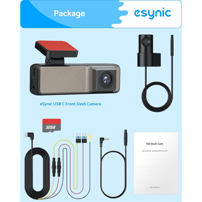 eSynic Mini Dashcam: Автомобільний відеореєстратор з Wi-Fi, 1080P Full HD, 160° Кут огляду, Нічне бачення, G-сенсор, Паркувальний режим, Керування через додаток, 32GB SD-карта в комплекті (Дві камери - передня та задня)