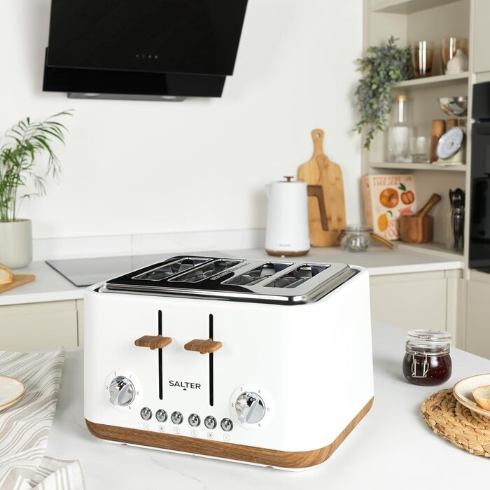 Тостер Salter Toronto 1.7L з функцією скороварки, 360° обертання, фільтром від накипу, дерев'яним дизайном, бездротове підключення, захистом від перегріву, автоматичним вимкненням та контролером Otter (білий)