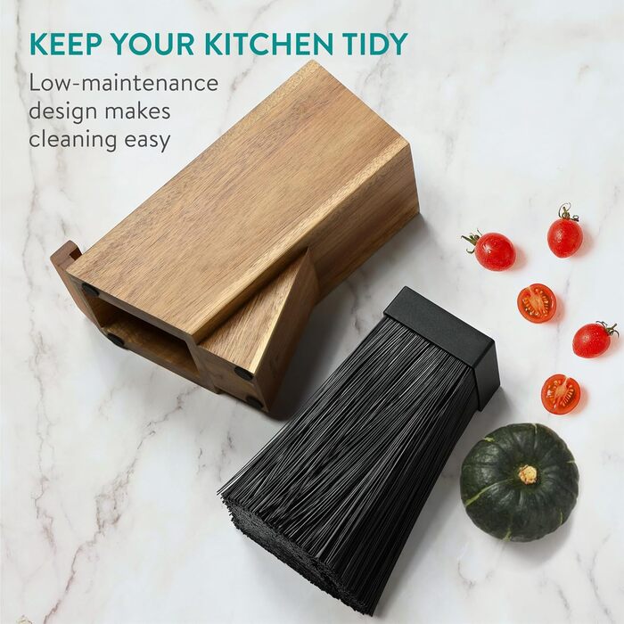 Navaris Knife Block with Smartphone and Tablet Holder - Knife Block without Knives - Multifunctional Kitchen Knife Block Made of Durable Acacia Wood - Washable Bristles