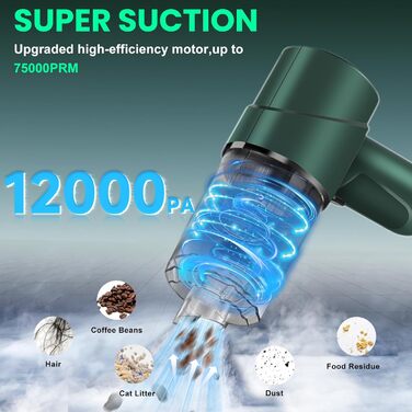 Ручний бездротовий пилосос YUEJIDZ з акумулятором, 12000Pa, з функцією вібрації, mini, для авто та дому, зарядка Type-C, HEPA-фільтр, темно-зелений