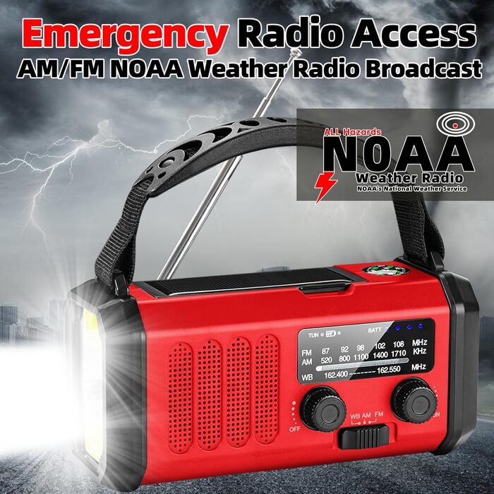 Радіо NOAA/AM/FM з ручним приводом QAUYYW, 37000 мWh, сонячне, з ліхтариком SOS, для надзвичайних ситуацій та ураганів, 10000 mAh, червоне