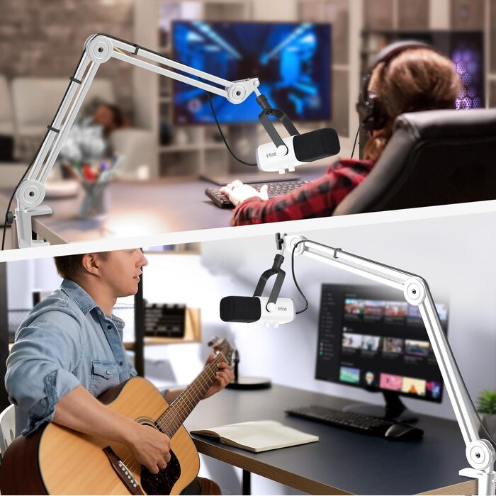 Кріплення для мікрофону FIFINE, регульоване, з адаптером 3/8' - 5/8', кліпса, 3 кабельних стяжки, білий