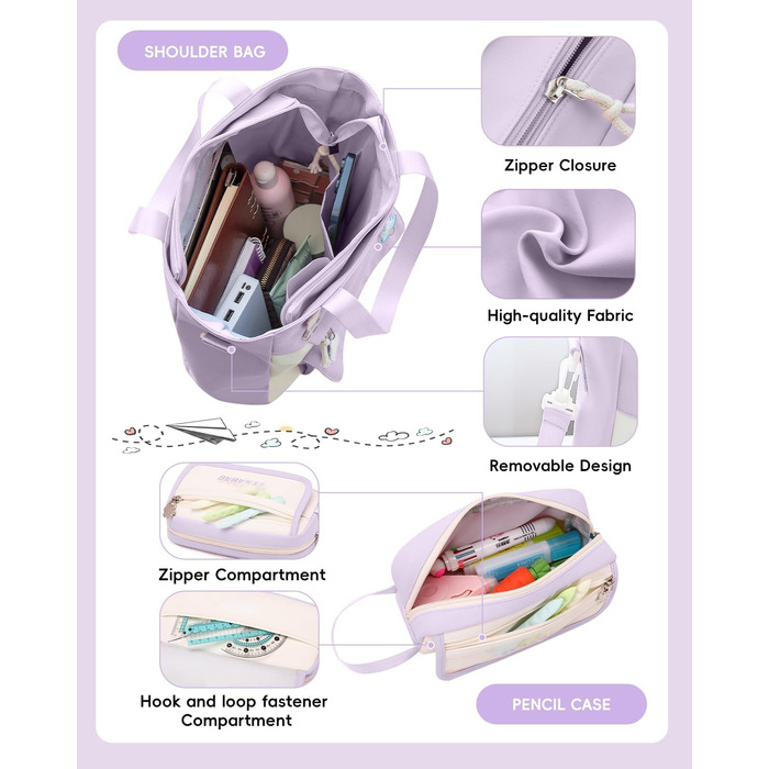 Рюкзак Tanou для дівчаток, шкільний набір: рюкзак, сумка через плече та пенал. Шкільний рюкзак для підлітків та школярів, фіолетовий колір